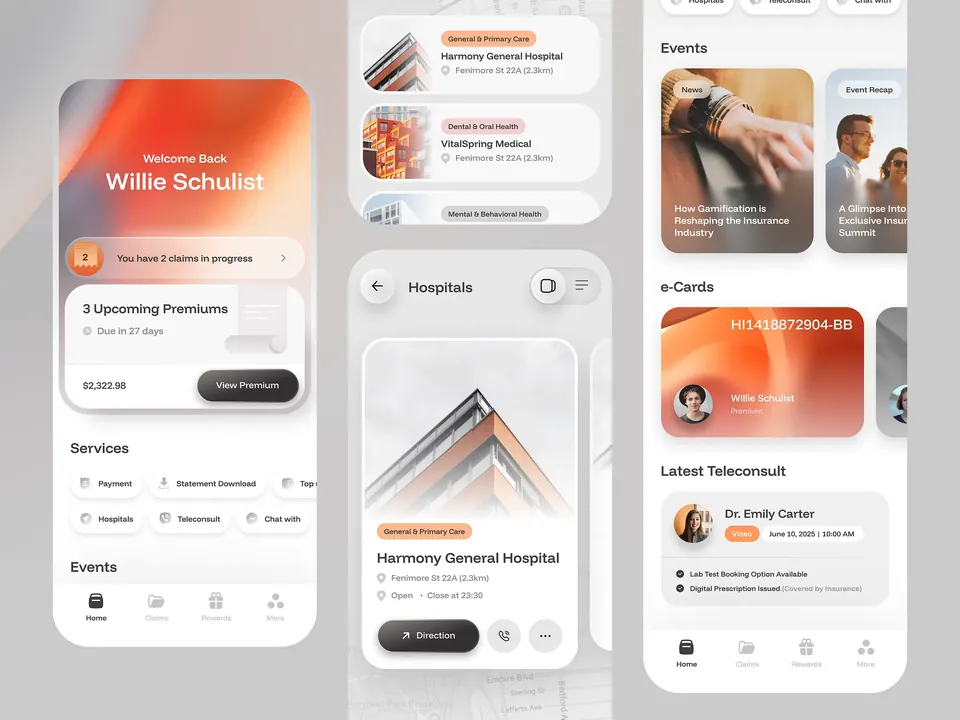 Health insurance mobile app with claims and e-cards