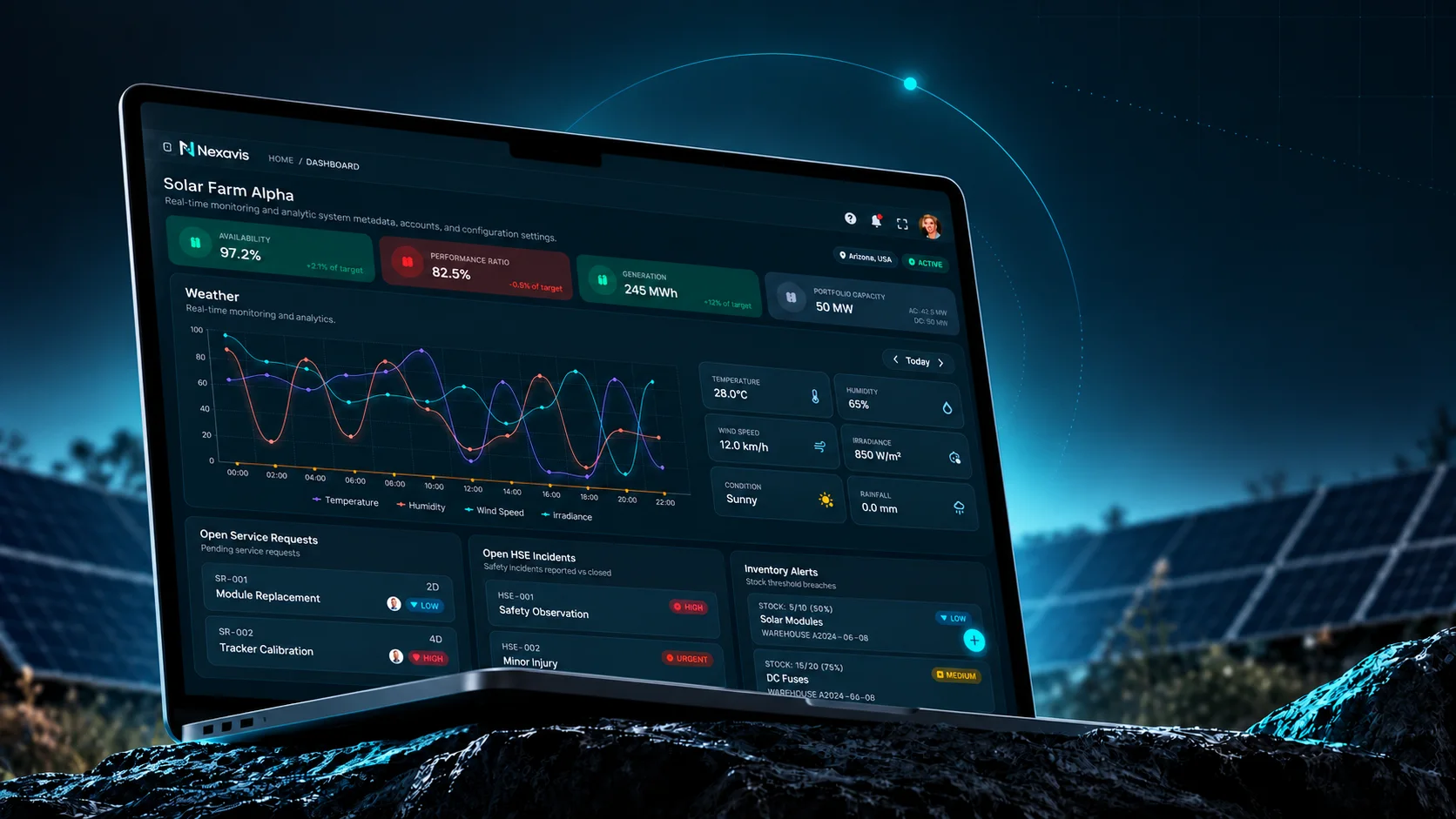 Nexavis solar farm dashboard shown on a laptop at night